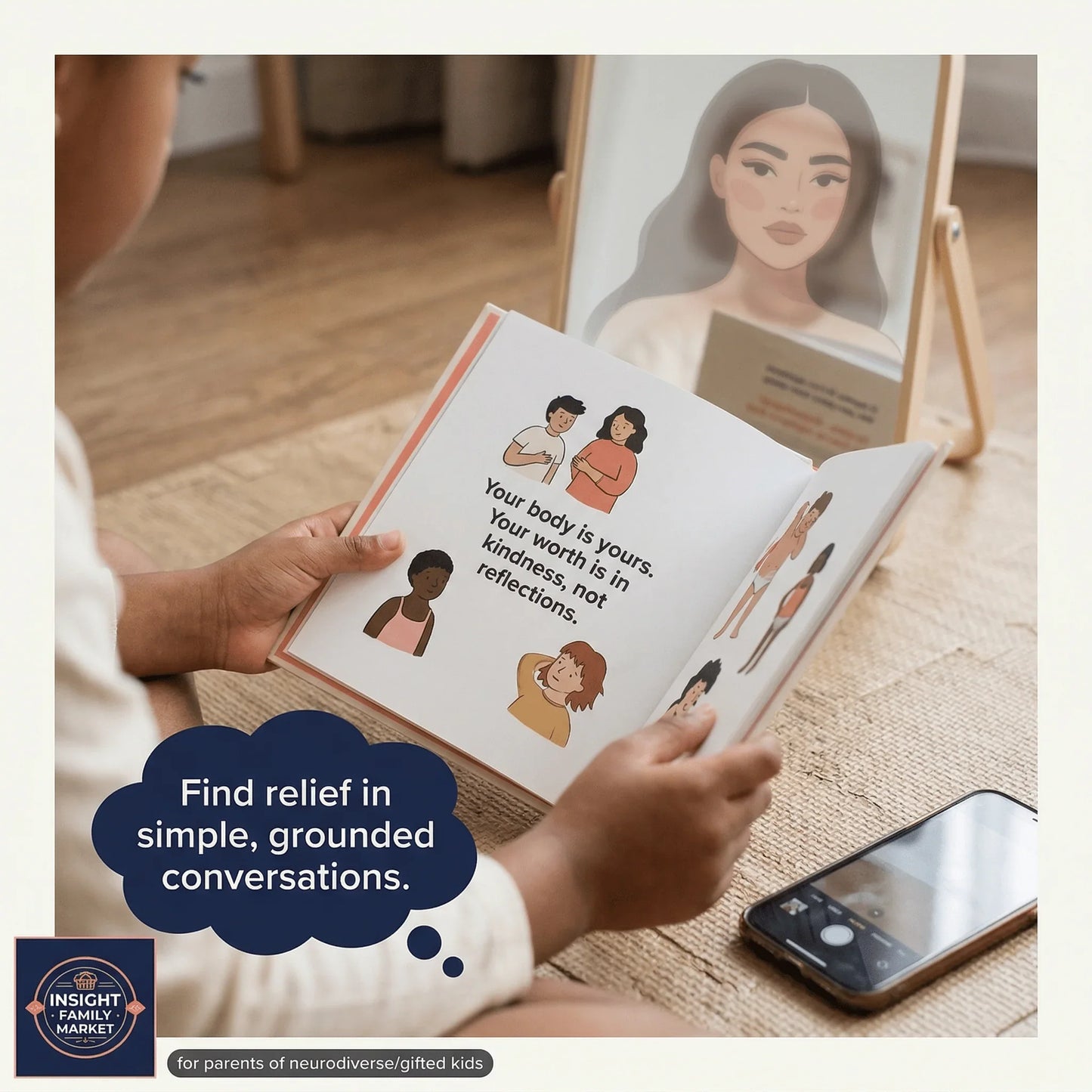Child reading a book with illustrations and positive self-worth message, mirror and phone nearby.