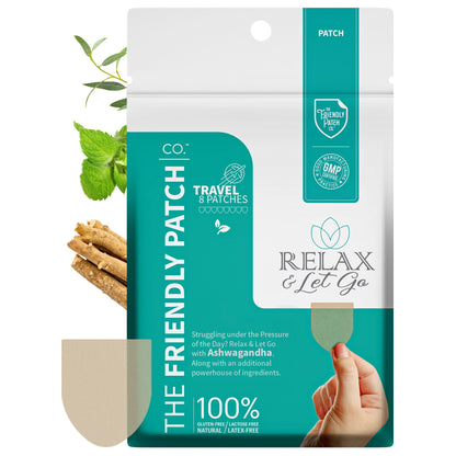 Packaging of 'The Friendly Patch' with a mint leaf and travel patch on a white background