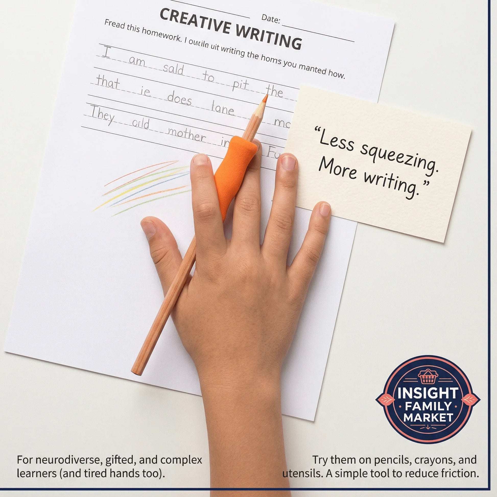 Child’s hand using ergonomic pencil grip for creative writing, ideal for sensory-friendly learning