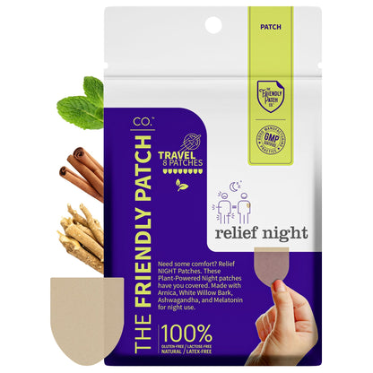 CO2 The Friendly Patch travel night patch in a white and purple resealable pouch, shown with a hand holding a beige patch, cinnamon sticks, ginger root, and mint leaves on a white background.