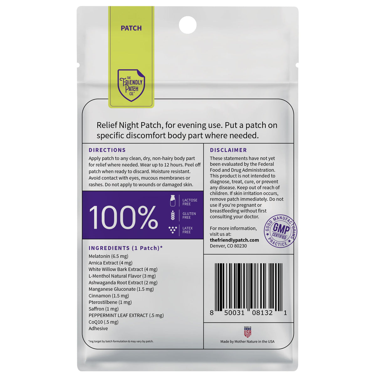Package of Relief Night Patch with directions and ingredients on a white background