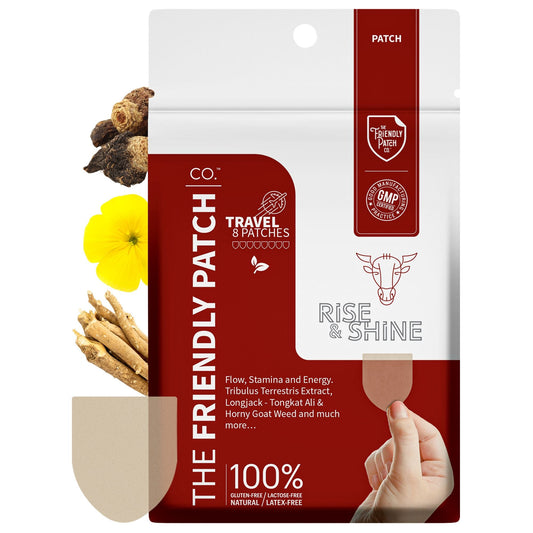 A stand-up pouch package for CO2 Travel & Patches by Rise & Shine, shown on a white background with ingredient imagery of ginger root, a yellow flower, and a hand holding a beige patch. The package is dark red and white with product details and branding.