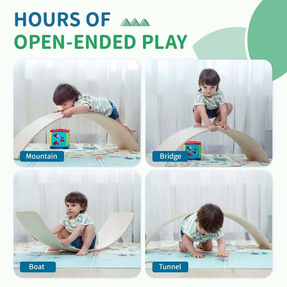Child playing with a wooden toy set on a bed, demonstrating various play activities.