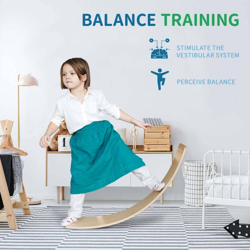 Child on a wooden balance board with text about balance training in a room setting.