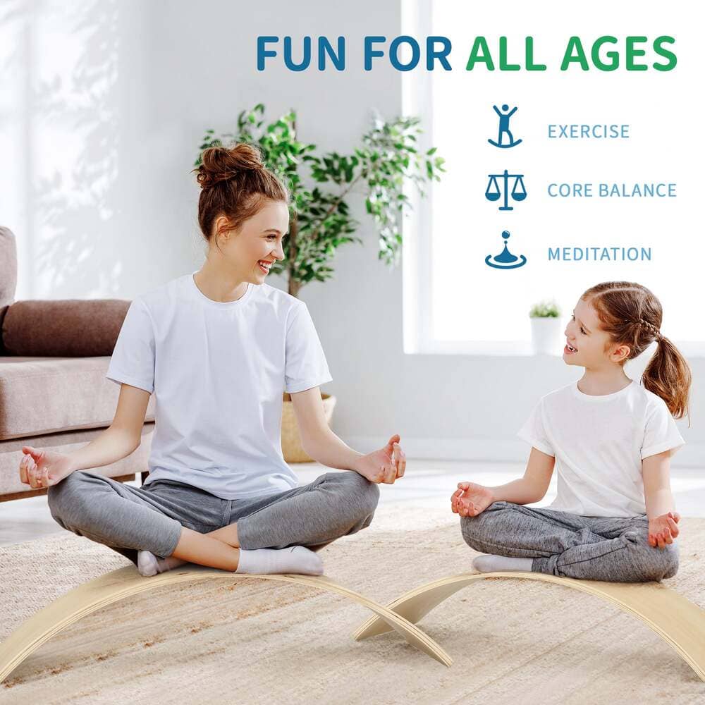 Woman and child sitting on a balance board with text 'Fun for All Ages' and icons for exercise, core balance, and meditation.