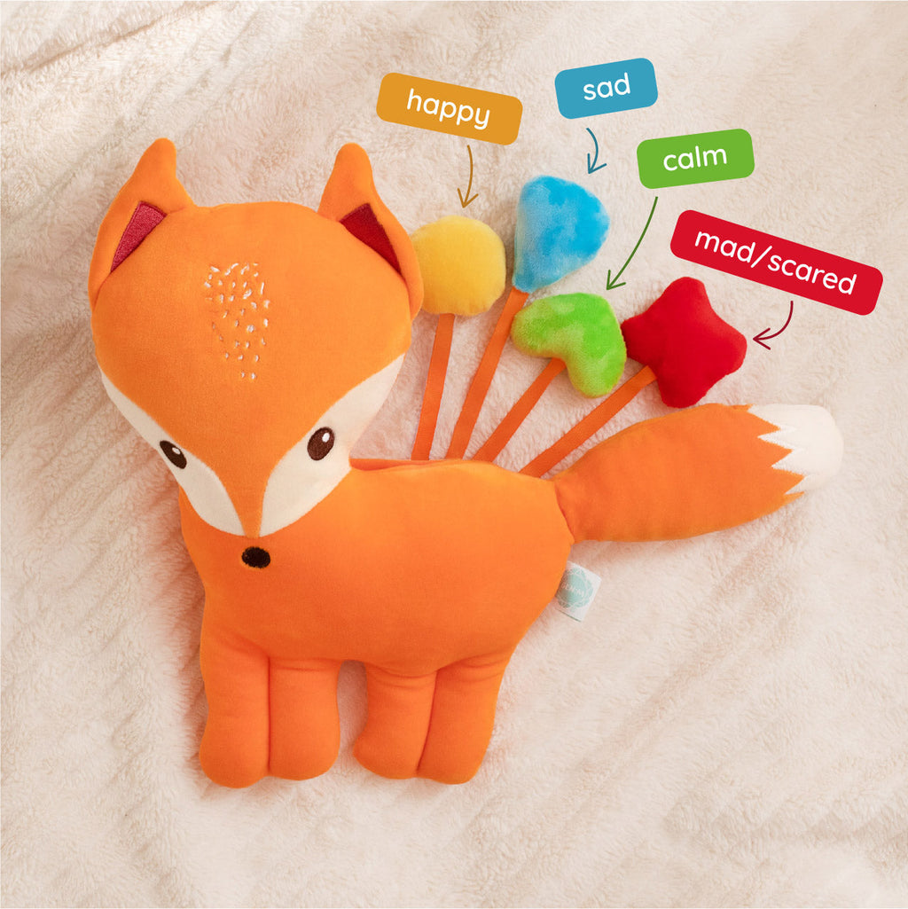 Plush fox toy with emotional expression labels on a beige background