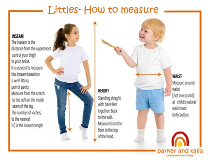 Children's clothing size guide showing how to measure inseam, height, and waist on kids.