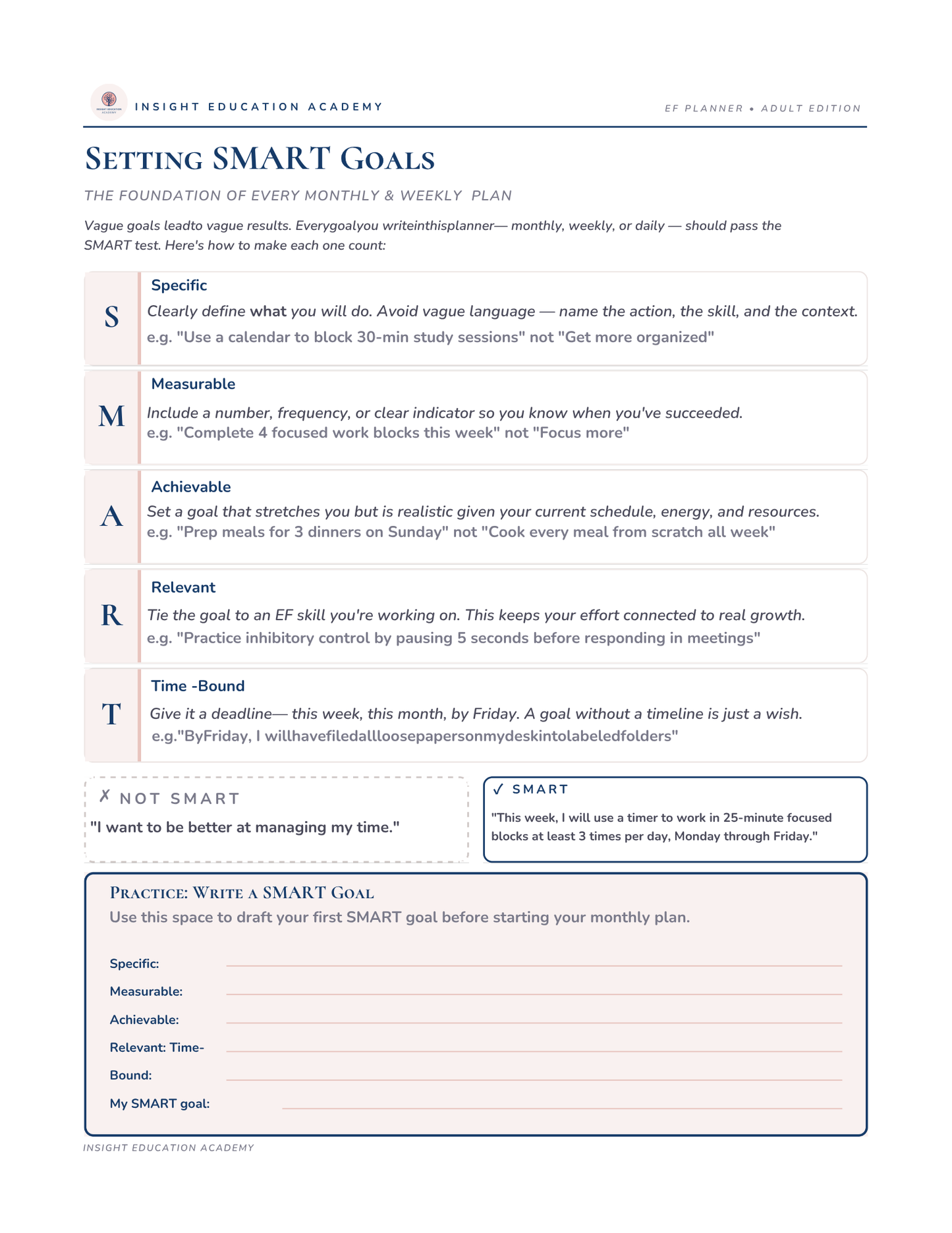 Sheet of paper with SMART Goals worksheet from Insight Education Academy