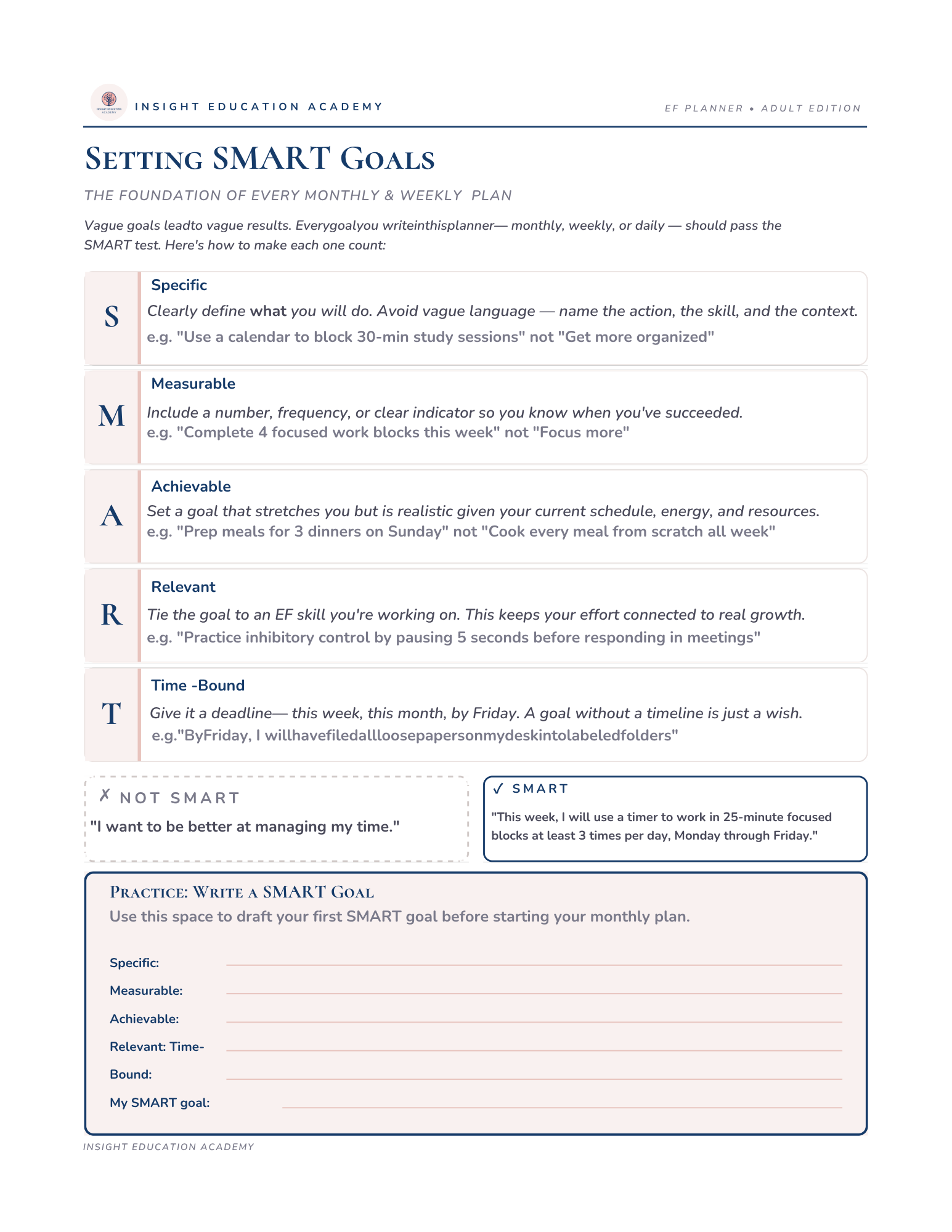 Sheet of paper with SMART Goals worksheet from Insight Education Academy