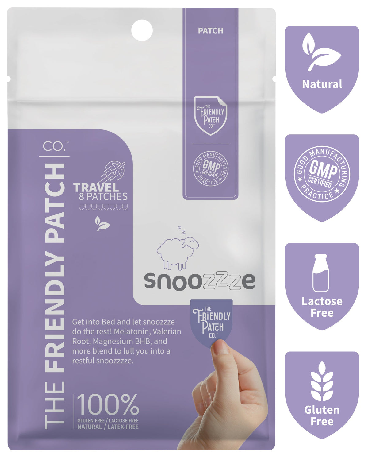 Purple packaging of 'The Friendly Patch' with branding and certification logos.