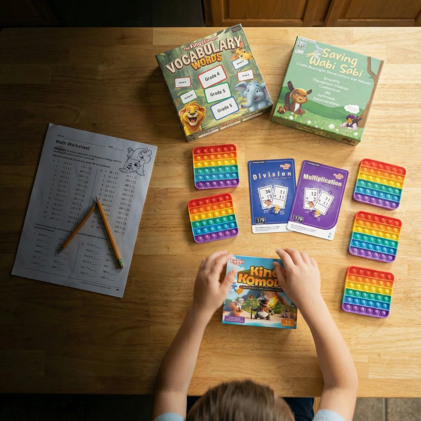 Child at wooden table with math worksheet, sensory fidget toys, flashcards, and learning games.