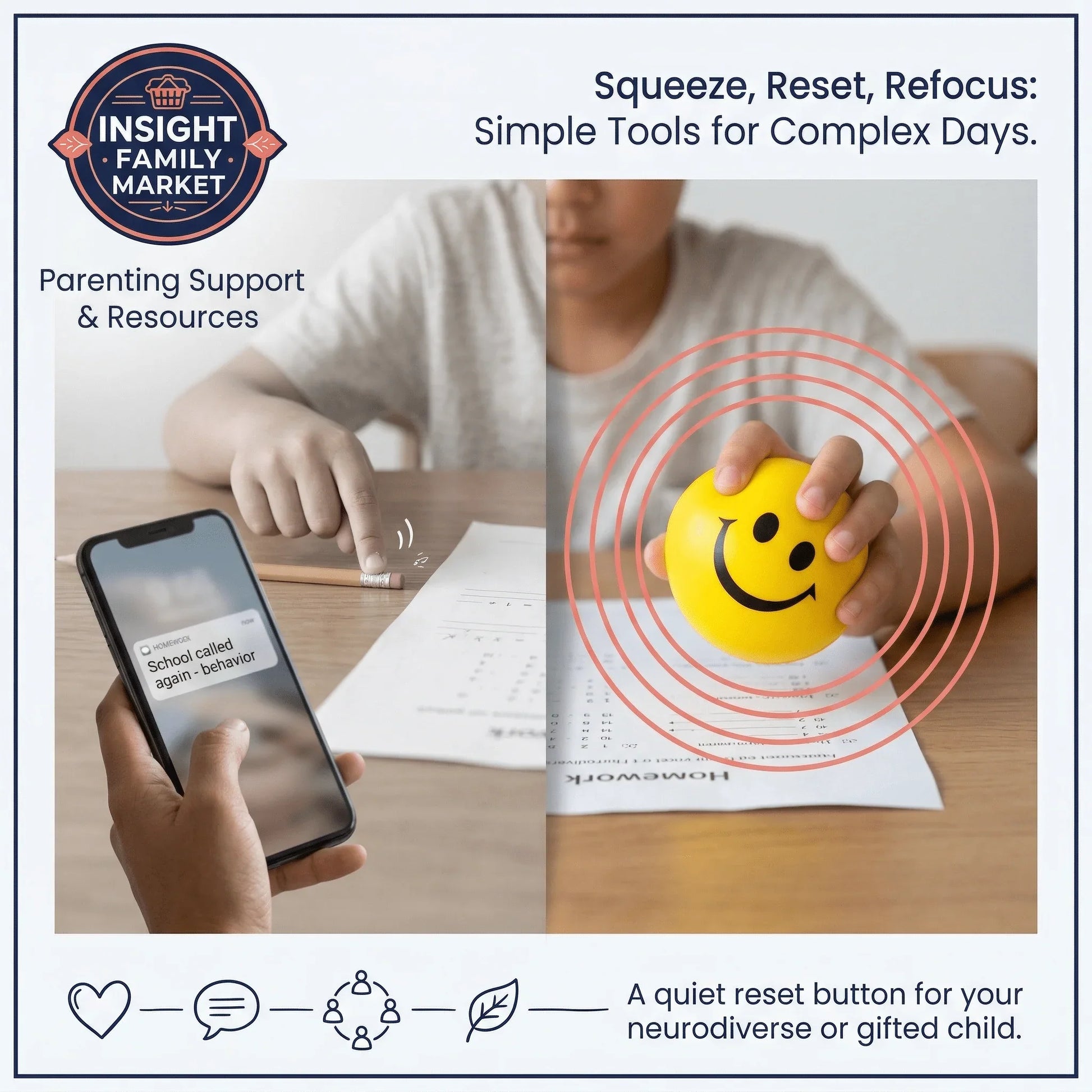Child squeezing a yellow smiley stress ball for focus, phone shows school behavior alert, sensory support.