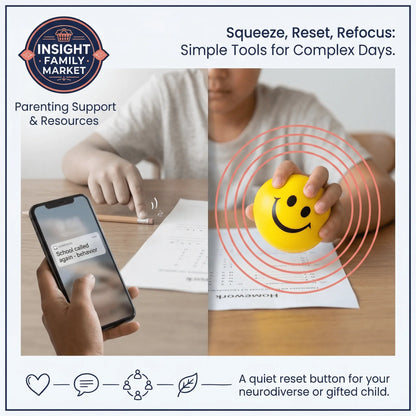Child squeezing a yellow smiley stress ball for focus, phone shows school behavior alert, sensory support.