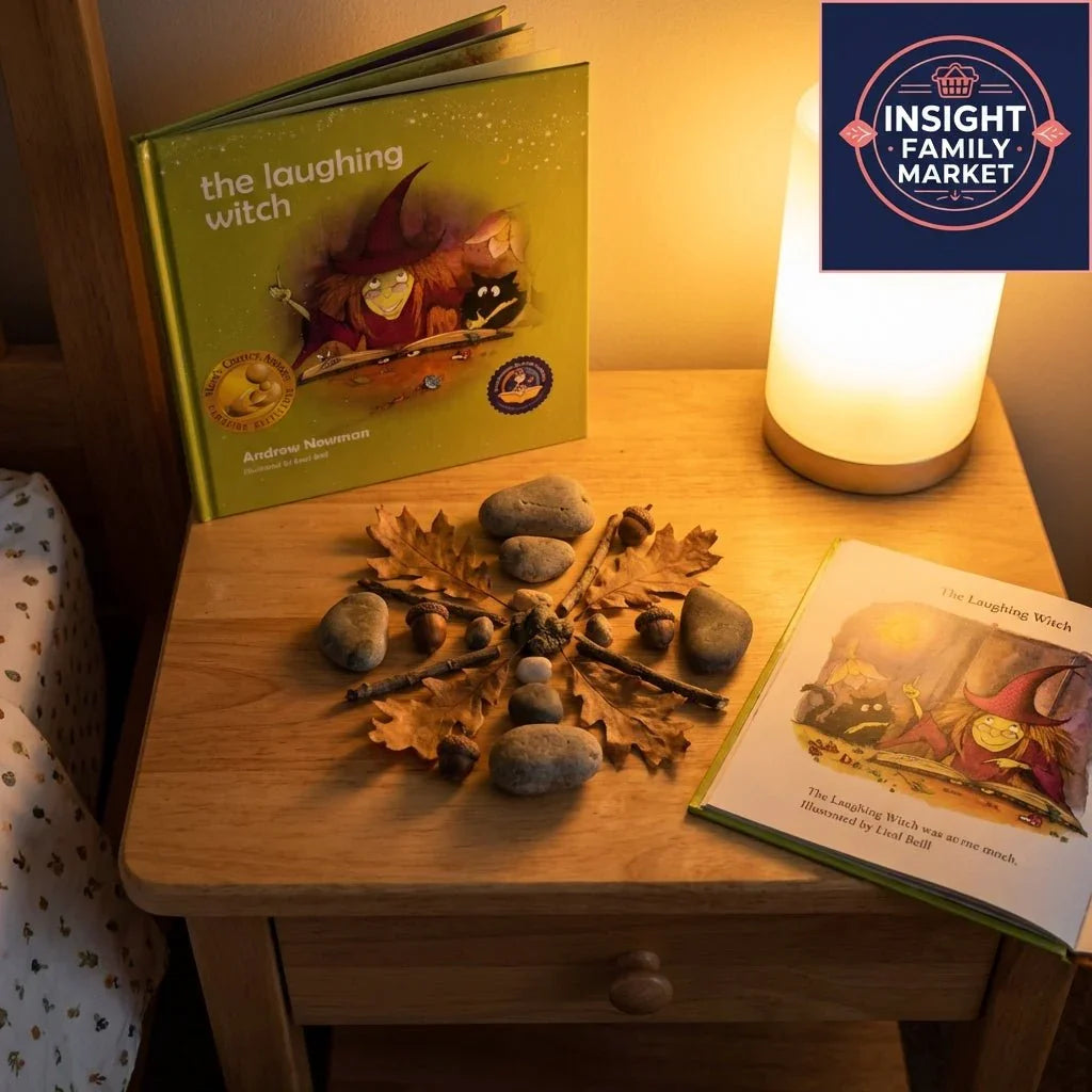 Children's bedtime storybook 'The Laughing Witch' on nightstand with nature sensory items and a glowing lamp.