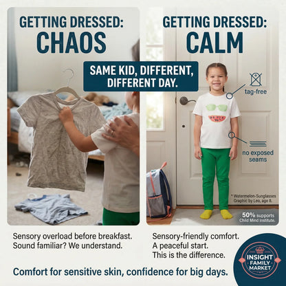 Comparison of 'Getting Dressed: Chaos' and 'Getting Dressed: Calm' with a child in a bedroom and a hallway.