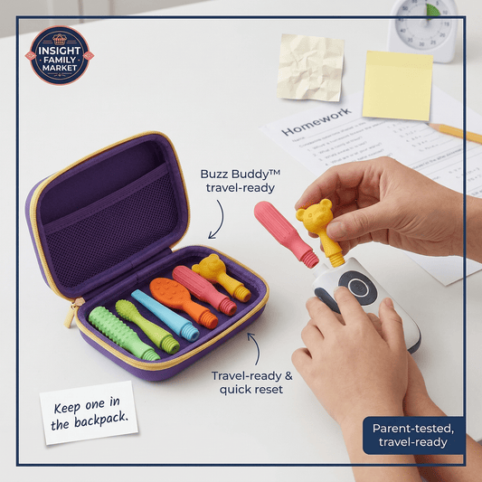 Buzz Buddy sensory tool set in a purple travel case, child using textured attachments, homework scene.