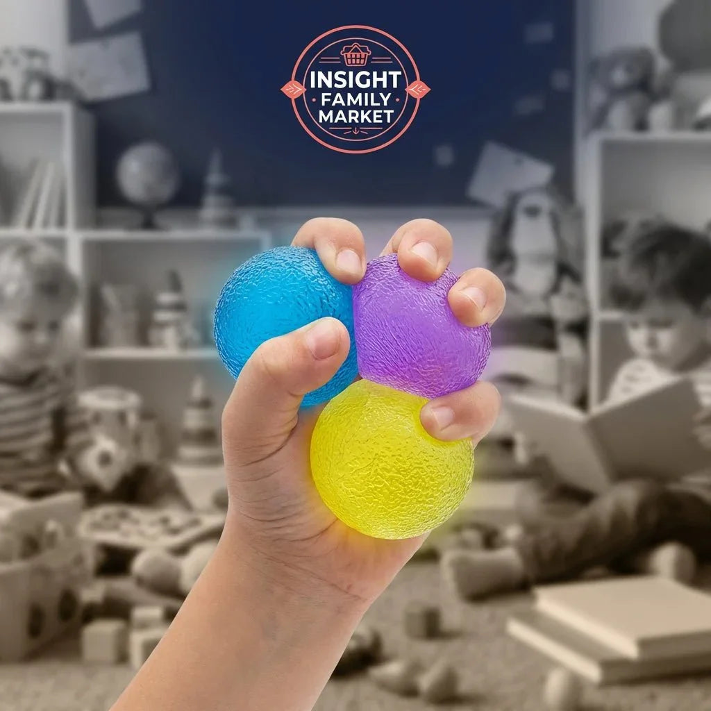 Child hand holding blue, purple, and yellow sensory stress balls in a playroom.