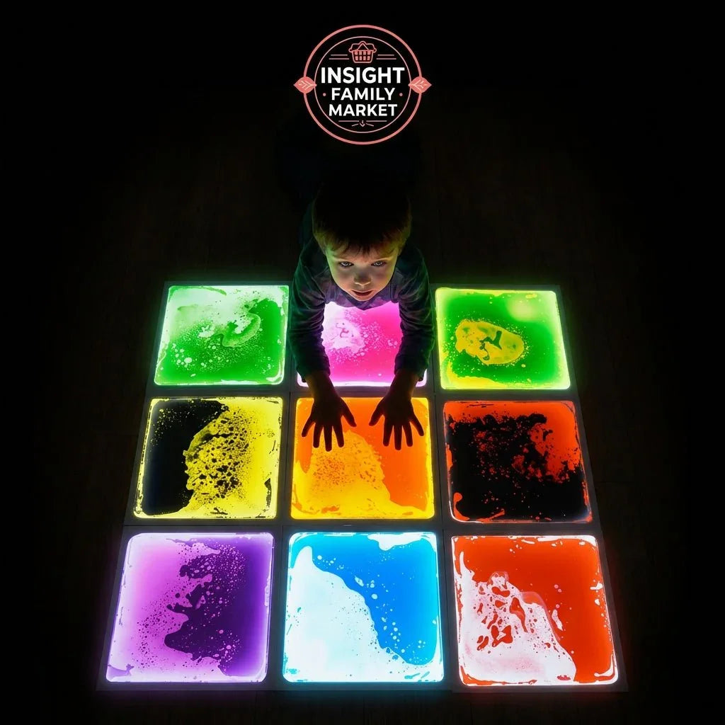 Child playing on colorful sensory liquid floor tiles in a dark room, sensory play for kids.
