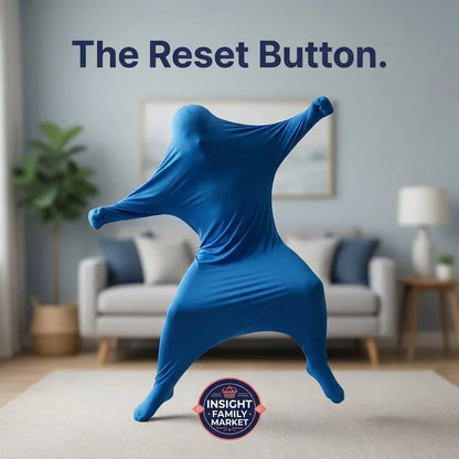 Person in blue sensory body sock stretching in living room, promoting sensory-friendly support.