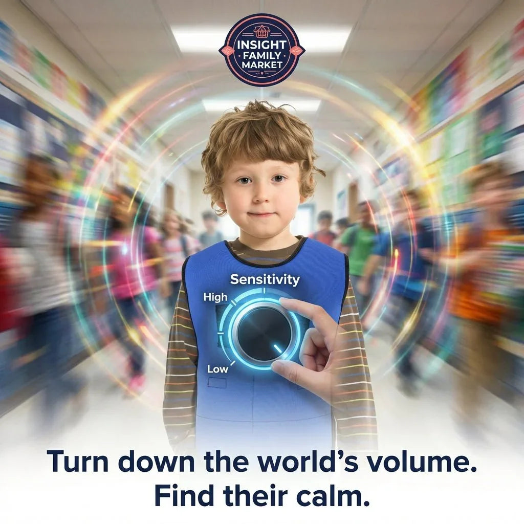 Child in sensory-friendly vest in a busy hallway, digital sensitivity dial, calming support
