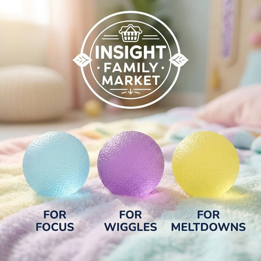 Sensory stress balls for focus, wiggles, and calm, in pastel colors on soft blanket.