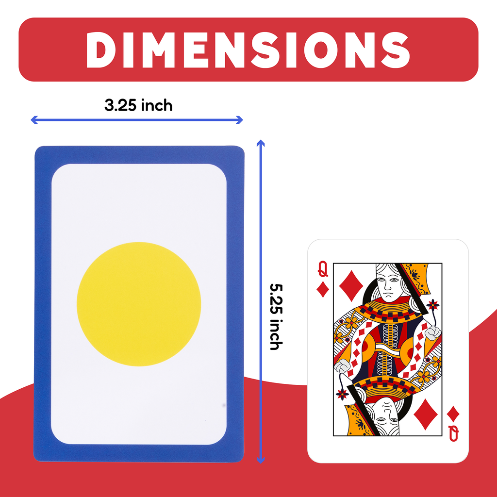 Dimensions of playing cards with a red border and measurements labeled.