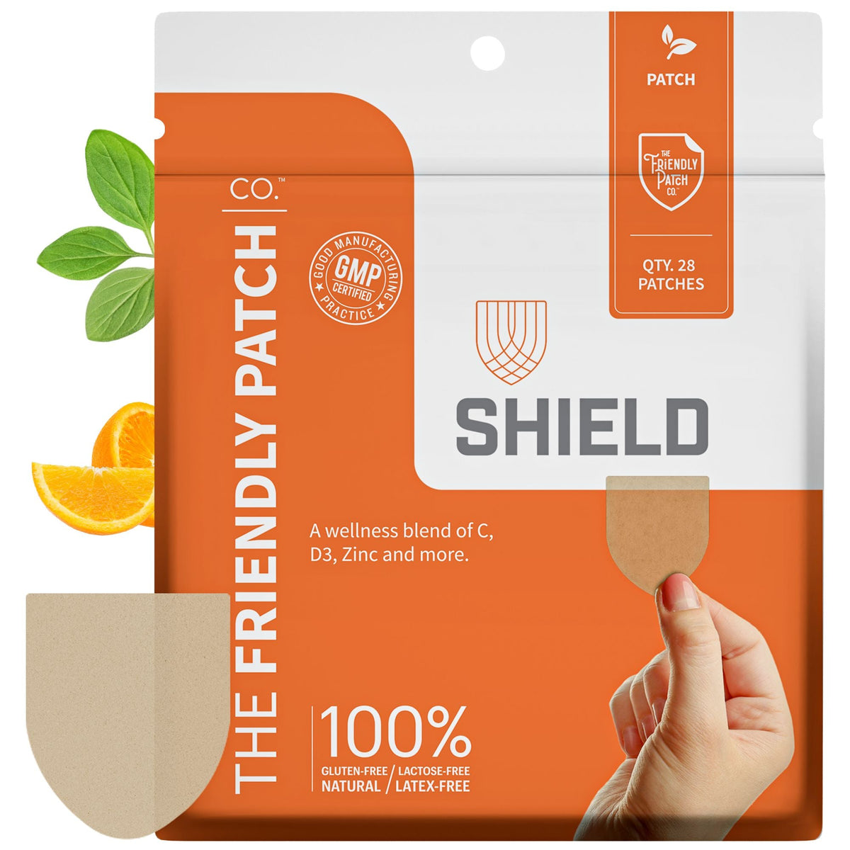 The Friendly Patch CO2 Shield wellness patch packaging in orange and white, with a hand holding a beige patch in front of the package. The package shows icons for patch, GMP manufactured, and a 10-year shield pack quantity of 20 patches.