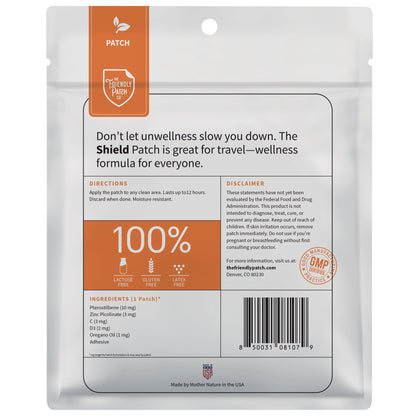 Package of The Shield Patch with branding and product information on a white background