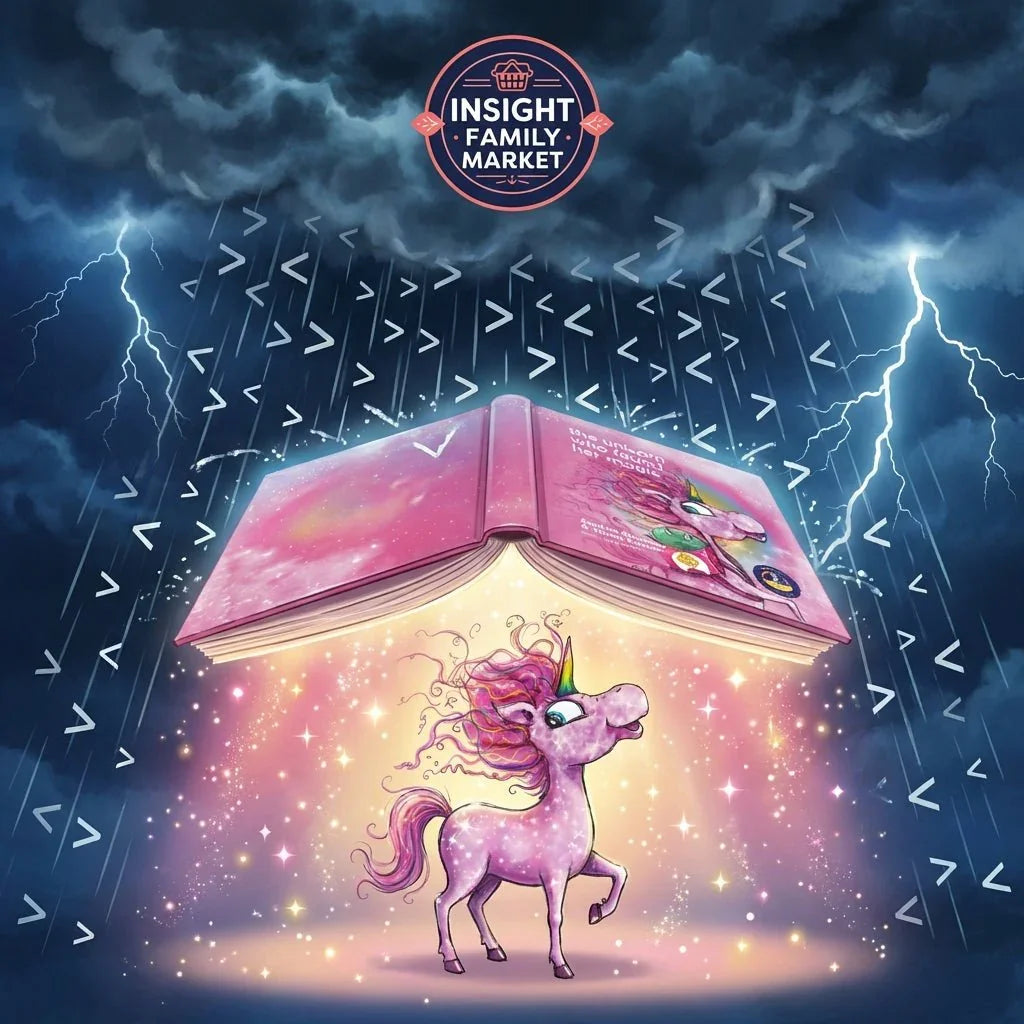Magical unicorn under glowing pink book with storm clouds, lightning, sensory-friendly theme.
