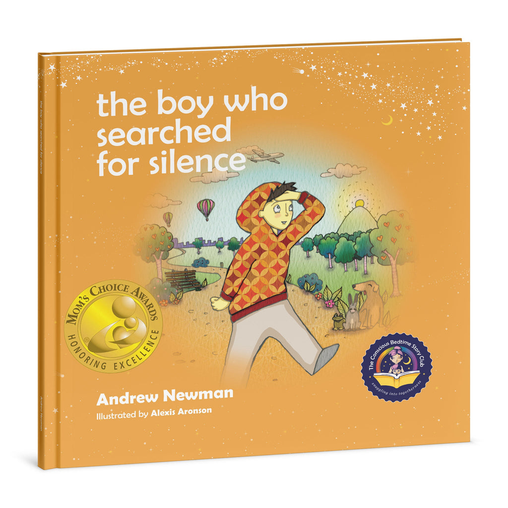 Book cover of 'the boy who searched for silence' with a child in a patterned jacket and a scenic illustration.