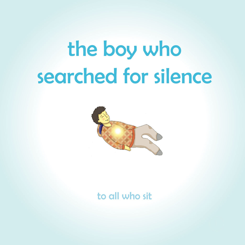 Illustration of a boy lying on the ground with text 'the boy who searched for silence' on a light blue background.