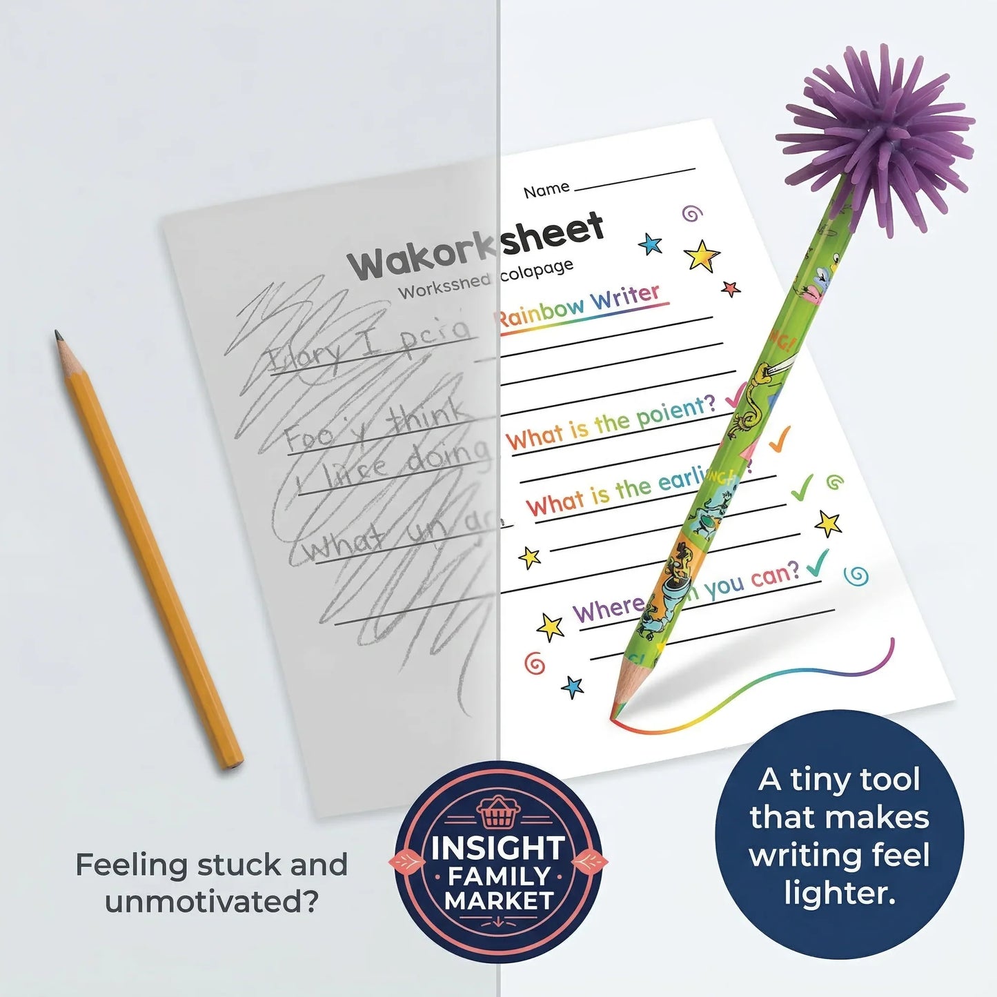 Worksheet with colorful pen, pencil, and dandelion on a light gray background