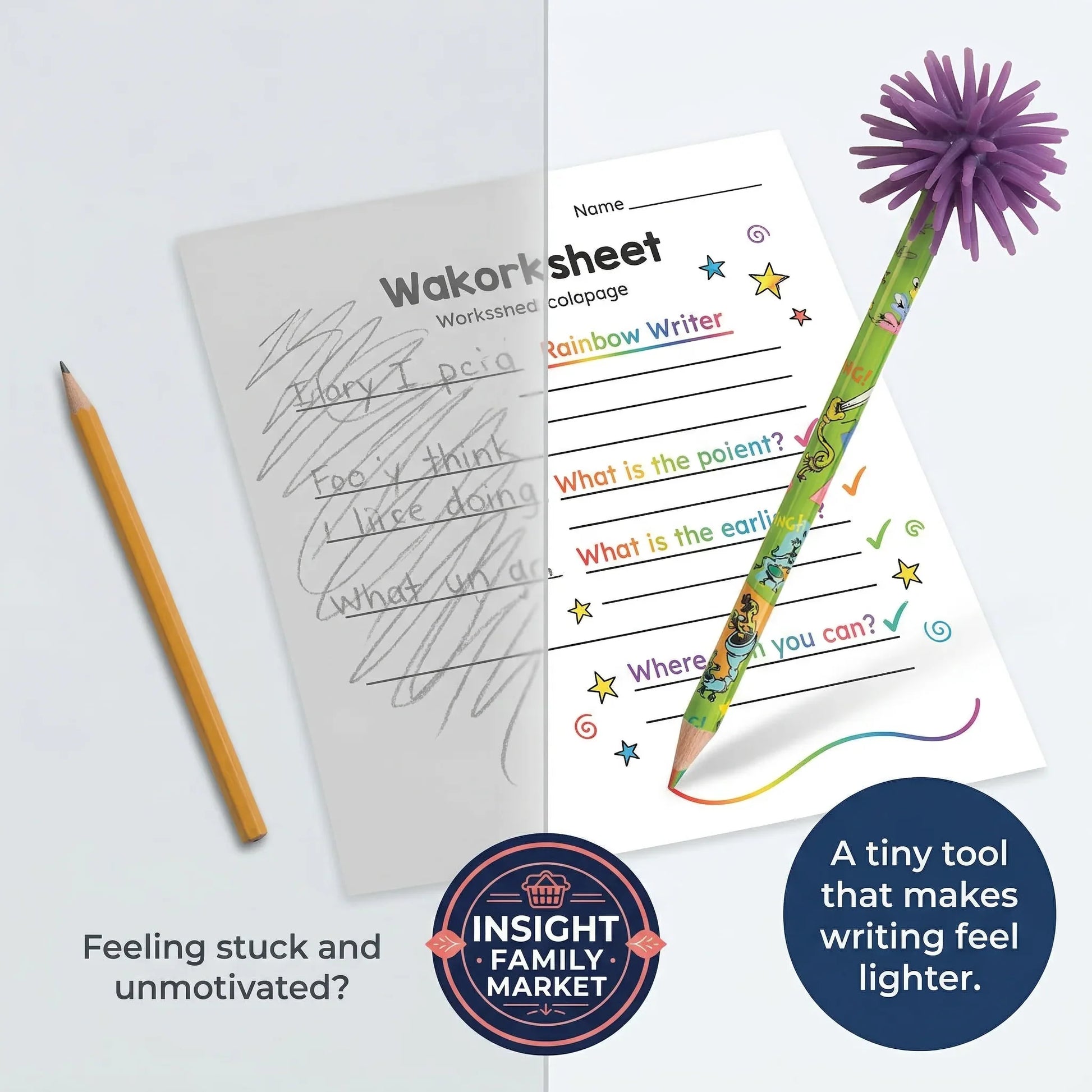 Worksheet with colorful pen, pencil, and dandelion on a light gray background