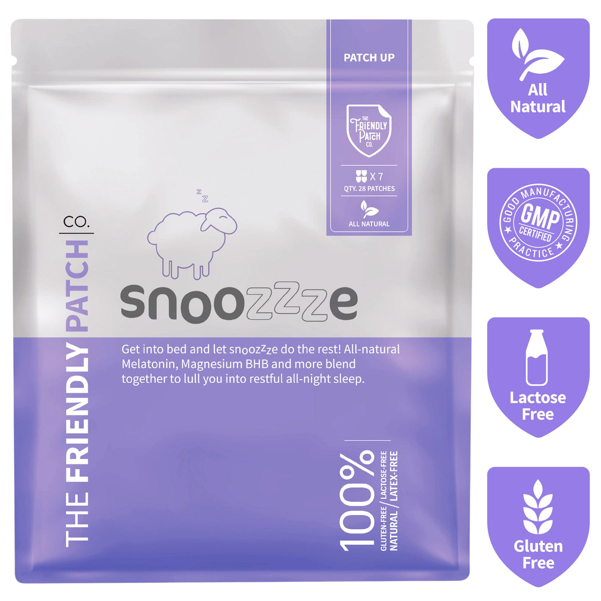 Snoozzze packaging with purple and white design, featuring brand logos and product information.