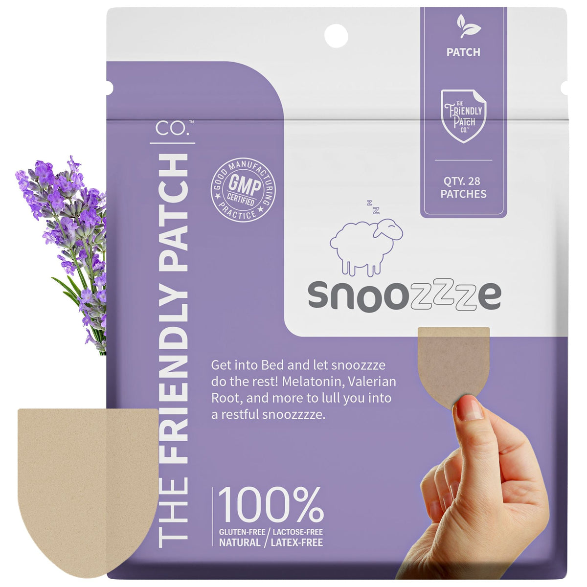 A package of Snoozze 'The Friendly Patch' latex-free sleep patches in lavender packaging, featuring a hand holding a beige patch, with lavender flowers on the left side.
