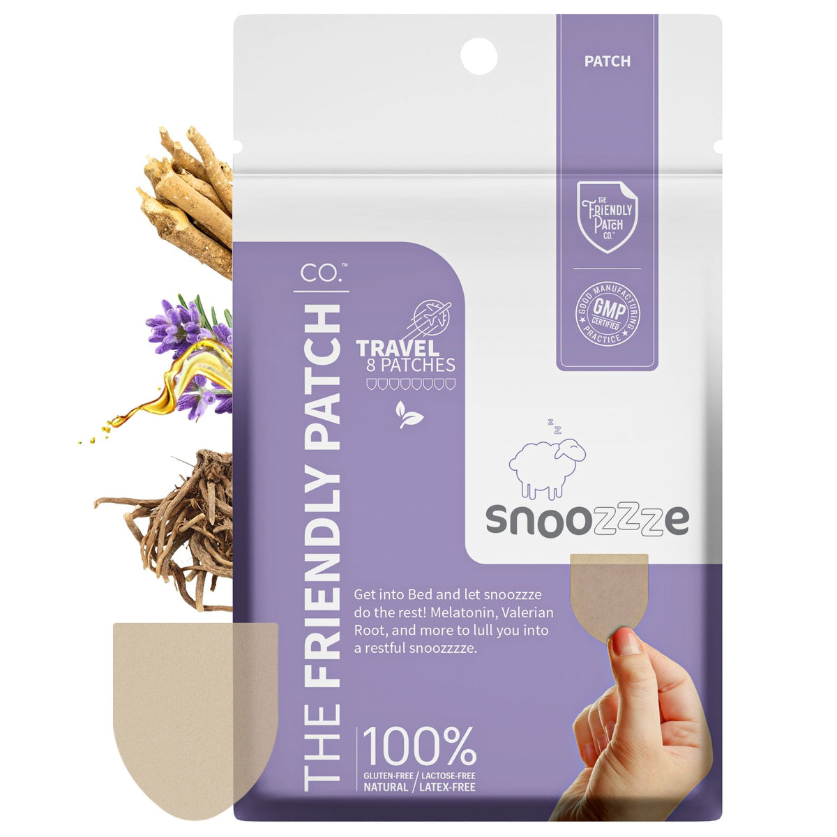 CO. Snoozzze travel patches in a white and lavender resealable pouch, shown with two beige patches floating beside the package and ingredient illustrations of ginger, lavender, and honey.