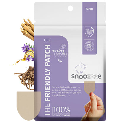 CO. Snoozzze travel patches in a white and lavender resealable pouch, shown with two beige patches floating beside the package and ingredient illustrations of ginger, lavender, and honey.
