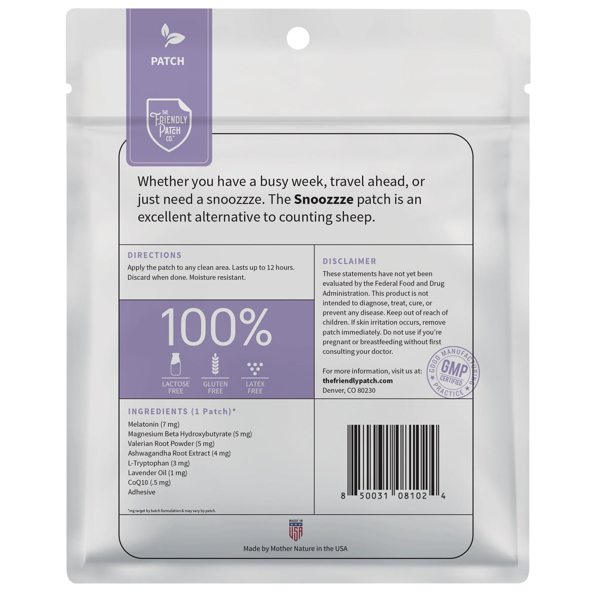 Snoozzze patch packaging with text and branding on a white background