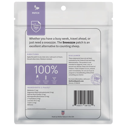 Snoozzze patch packaging with text and branding on a white background
