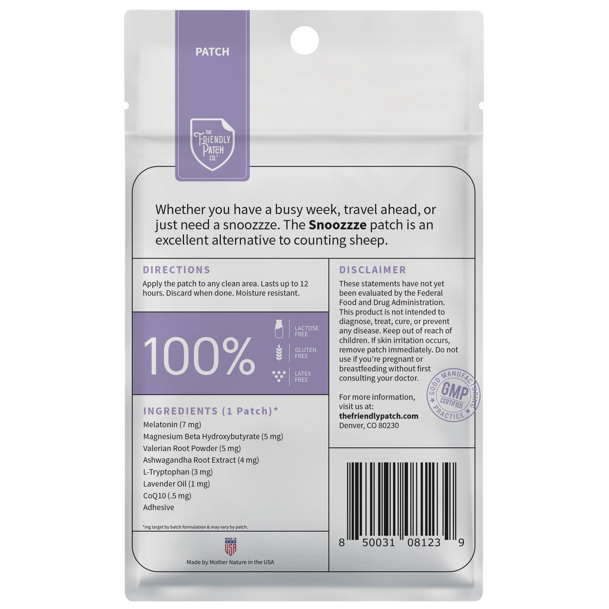 Snoozzze patch packaging with text and branding on a white background