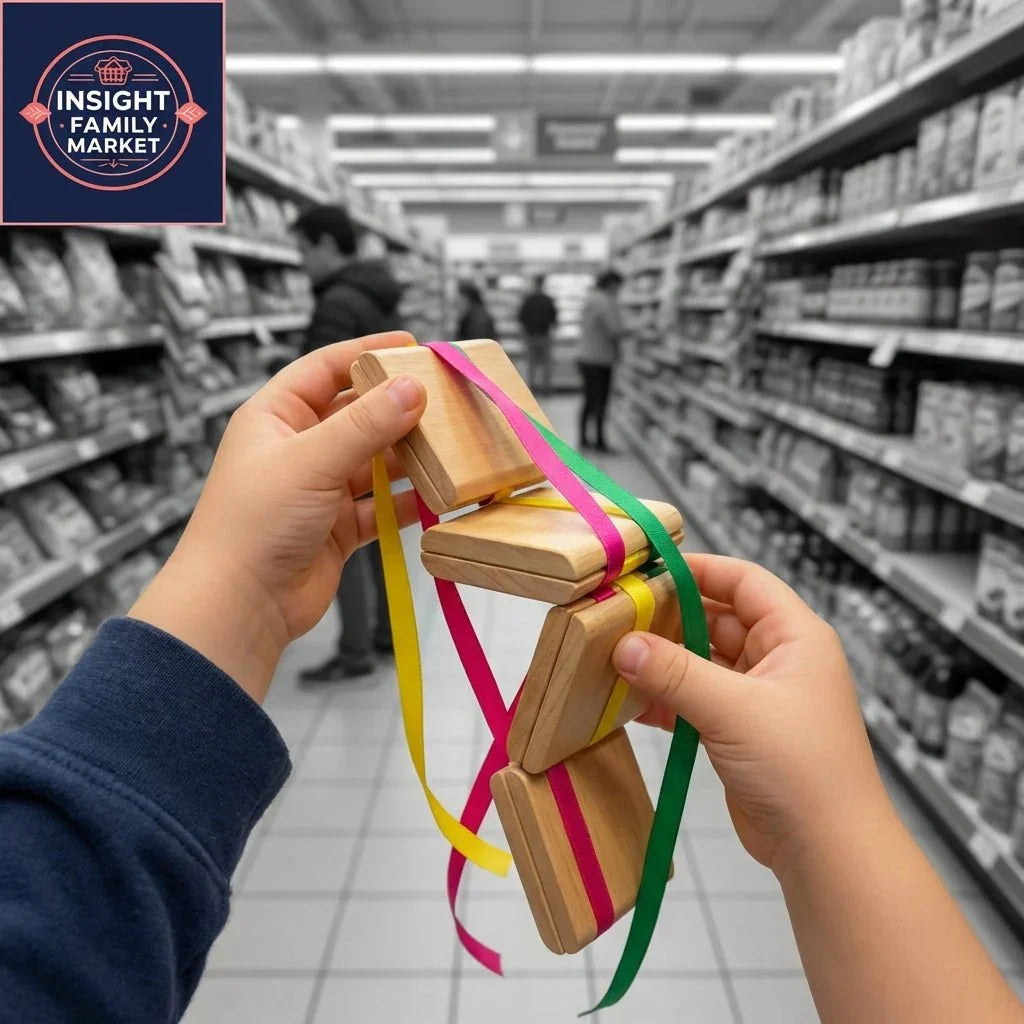 Child holding wooden sensory fidget with colorful ribbons in a grocery store aisle.