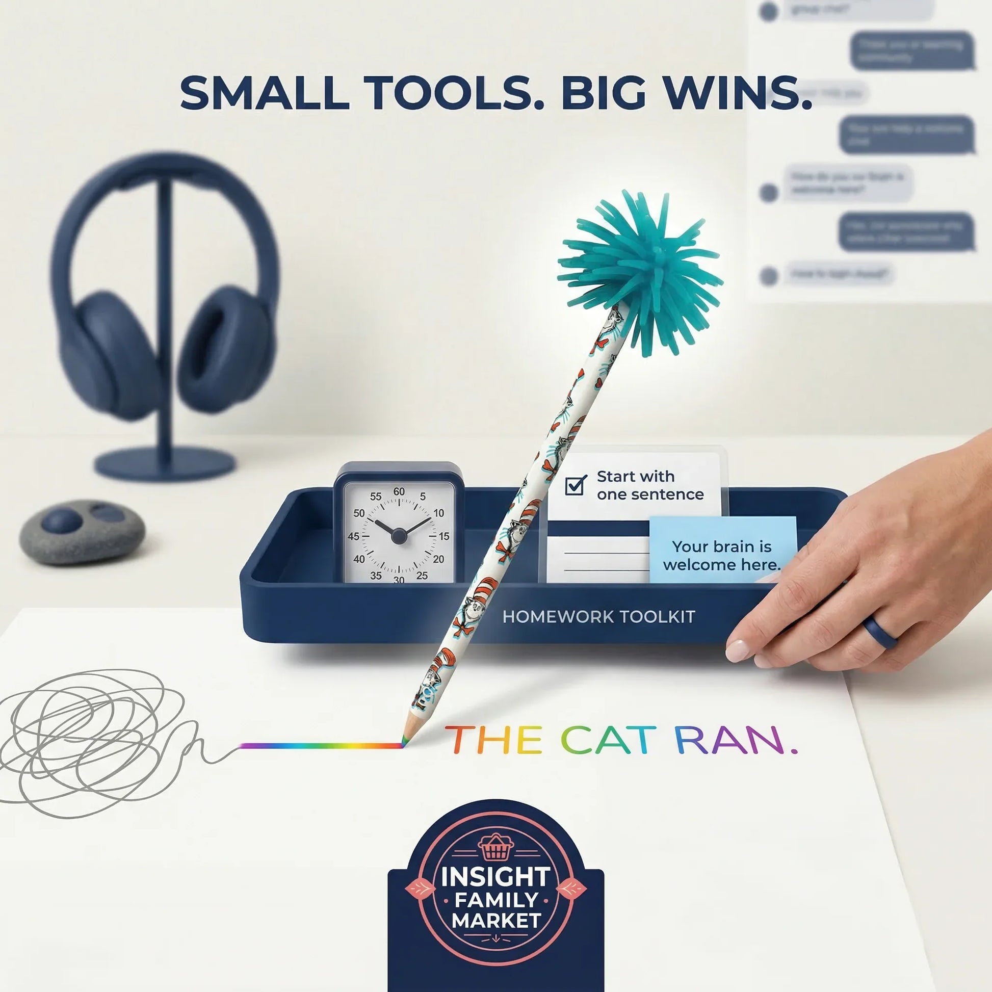 Homework toolkit with pen, clock, and stationery items on a desk with 'Insight Family Market' branding.