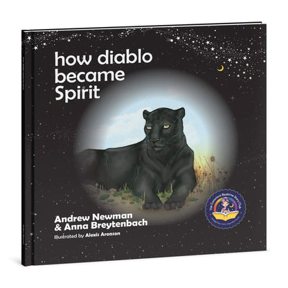 Children’s book cover with a black panther under a starry night sky, titled 'How Diablo Became Spirit'.