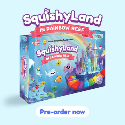 SquishyLand in Rainbow Reef board game box with colorful castle, sea creatures, and preorder text