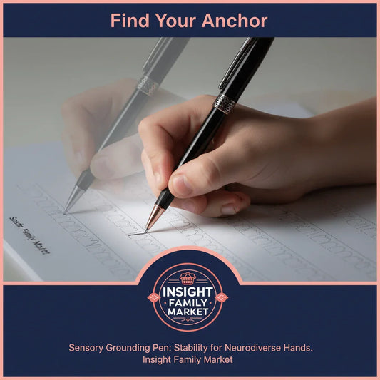 Child's hand using sensory grounding pen for handwriting practice on lined paper, focus on stability aid for neurodiverse students.