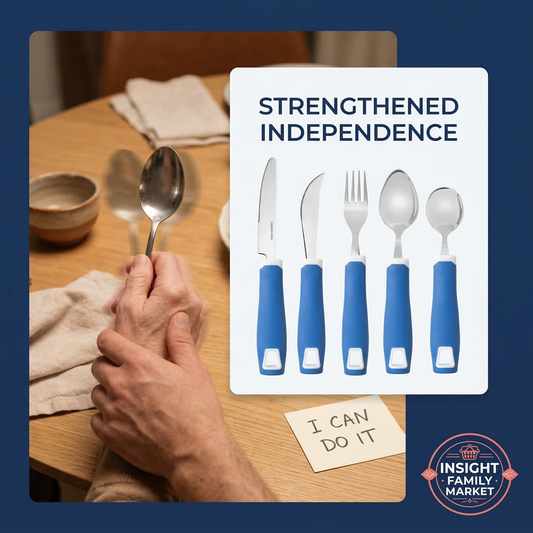 Person holding a spoon with cutlery set and motivational message on a table, featuring Insight Family Market branding.