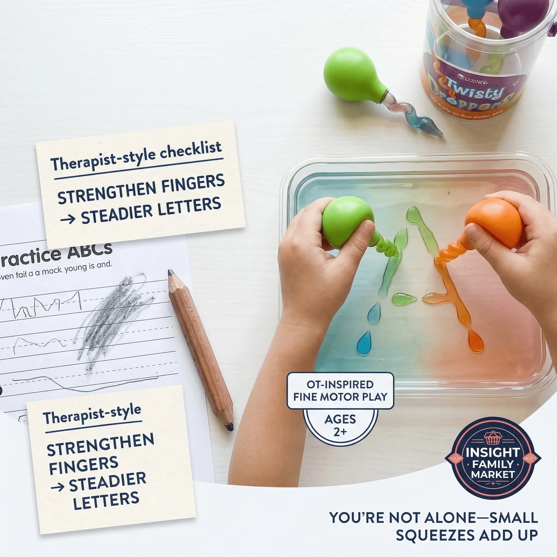 Child practicing fine motor skills with colorful sensory droppers and water play for therapy