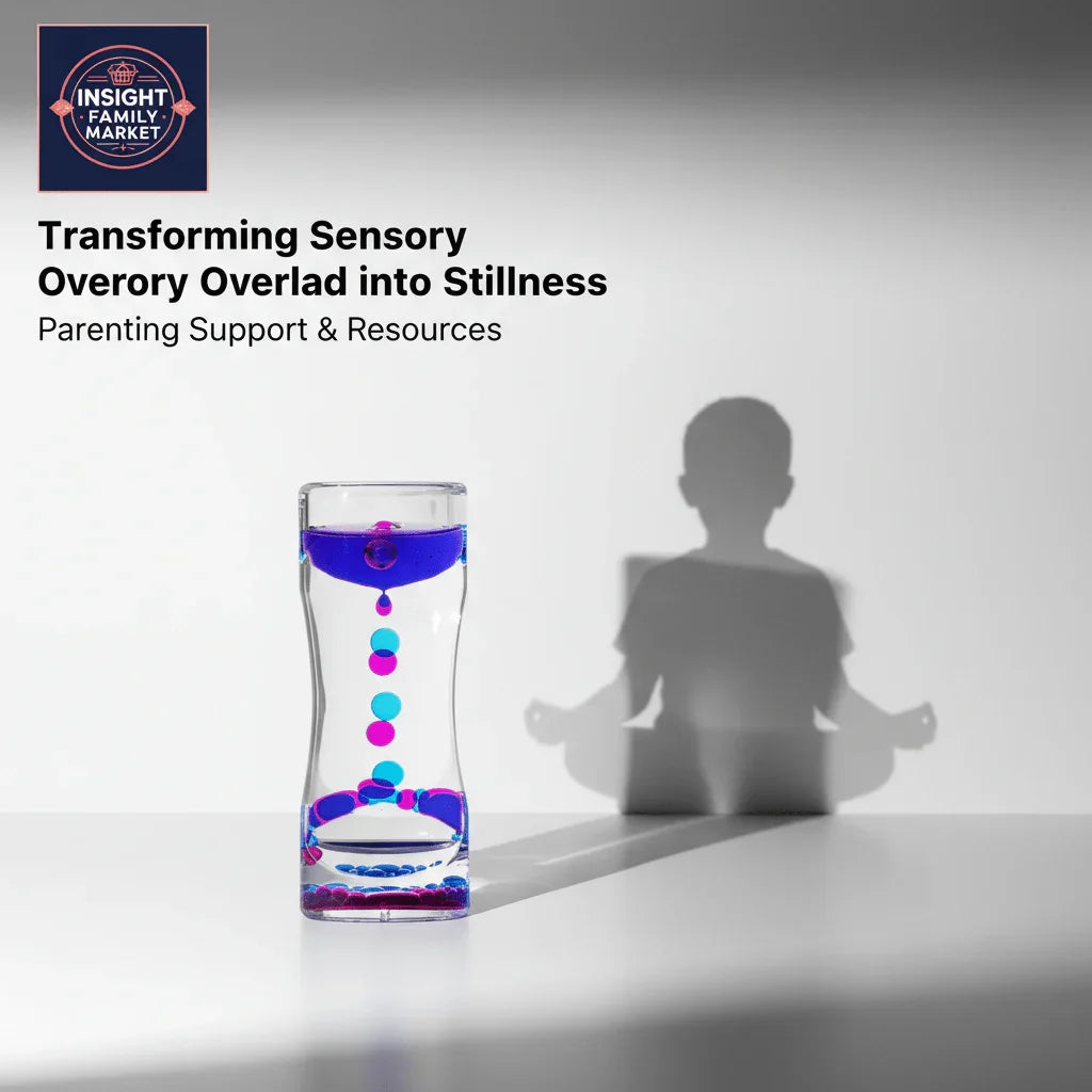Sensory liquid motion bubbler with a calm child’s shadow meditating, promoting sensory calm