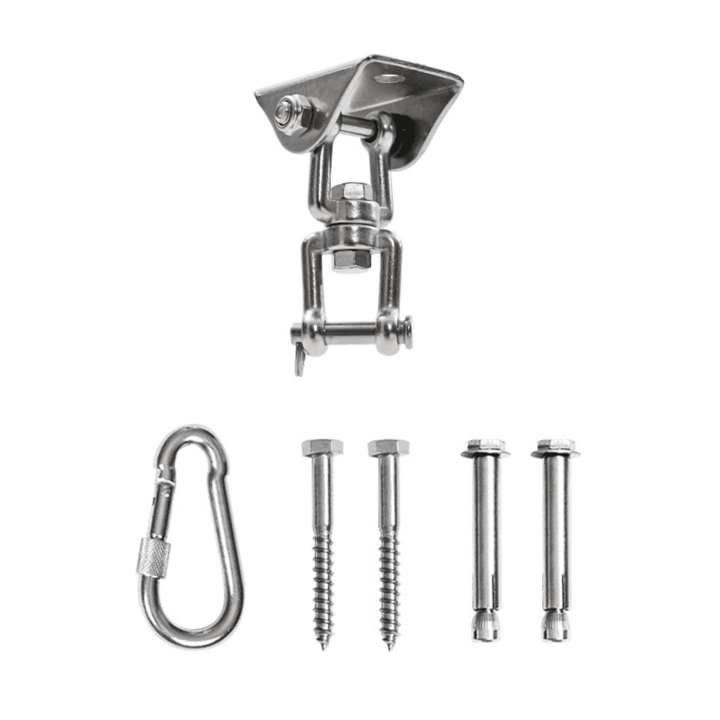 Metal bracket with screws and a carabiner on a white background
