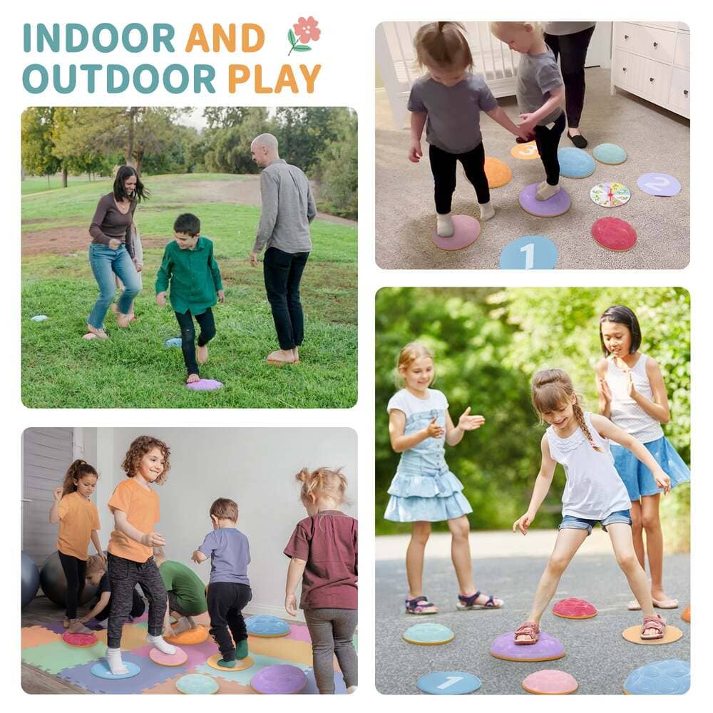 Collage of children playing outdoors and indoors with colorful stepping stones.